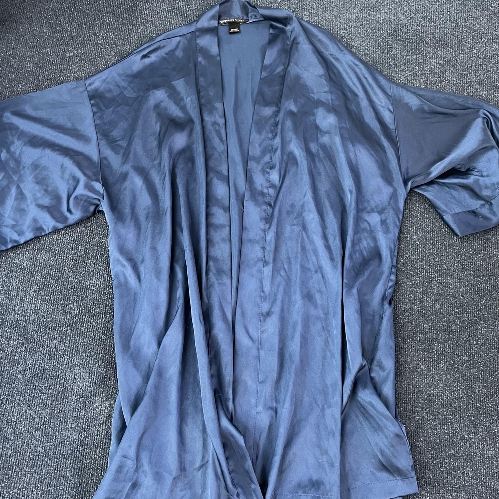 Victoria's Secret Robe Womens M L Blue Satin Kimono 3/4 Sleeve Sleepwear Lounge